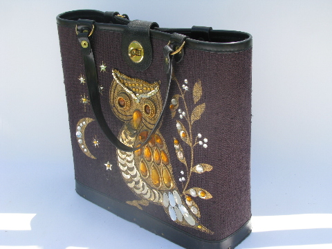 Glittery owl purse, hippie vintage handbag or tote bag, 70s retro