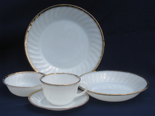 Gold edge on white swirl, vintage Fire-King glass dishes set for 4
