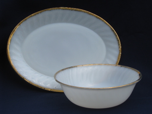 Gold edge on white swirl, vintage Fire-King glass dishes set for 4