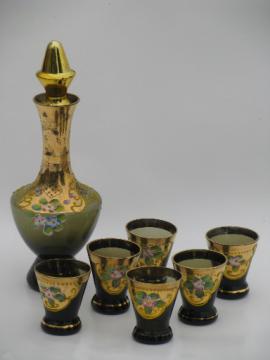 Gold encrusted vintage hand-painted glass decanter bottle and glasses set