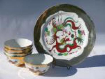 Gold & red dragon pattern, vintage Hong Kong porcelain rice bowls, plate