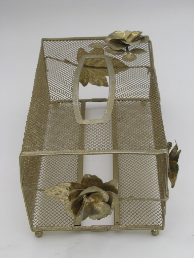 Gold roses vintage tole metal boudoir tissue holder / kleenex box cover