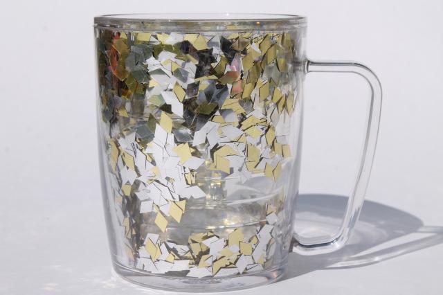 gold & silver glitter flake confetti Tervis insulated plastic coffee mugs