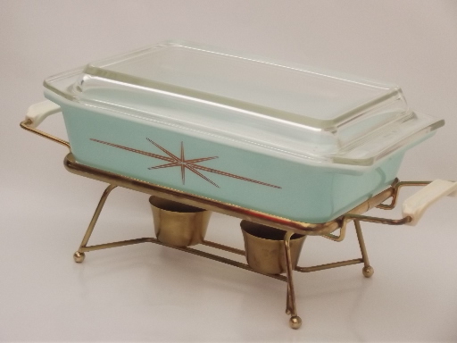 Gold starburst aqua Pyrex casserole & warmer in original 60s vintage box