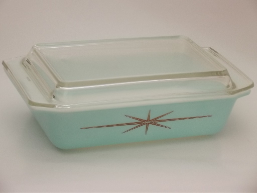 Gold starburst aqua Pyrex casserole & warmer in original 60s vintage box