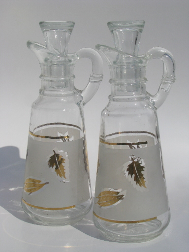 Golden Foliage cruet bottles, vintage Libbey glass oil and vinegar cruets