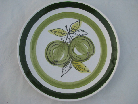Green Apples, retro pottery fruit plates, 60s vintage Japan stoneware