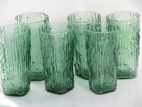 Green bamboo glass pitcher and tall glasses set, vintage Imperial bambu