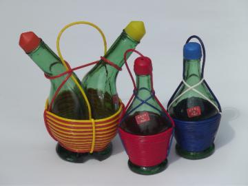 Green glass Italian wine bottles shakers, oil and vinegar, 60s vintage Italy