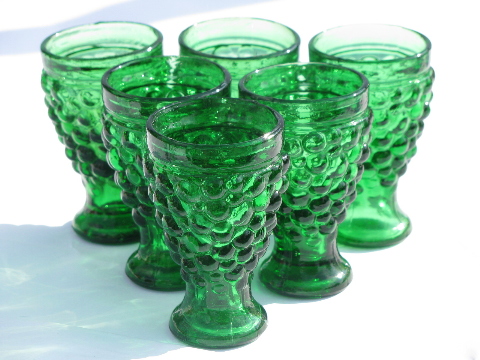 Green grape pattern glass retro decanter shot glasses set, 60s-70s vintage