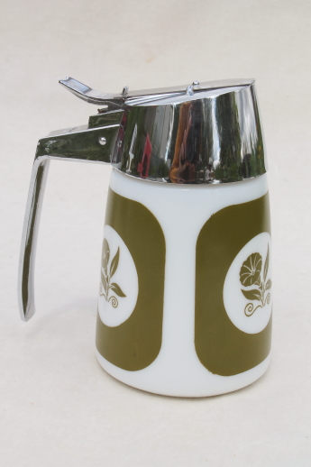 Green morning glory milk glass kitchen glassware, dripcut syrup pitcher, dispenser & shakers