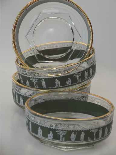 Green & white cameo Hellenic grecian pattern glass bowls, 60s vintage