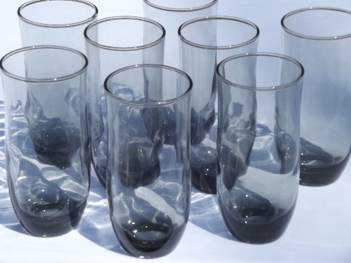Grey smoke glass tumblers, optic swirl pattern glasses vintage set of 8