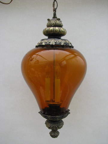 Groovy retro vintage swag lamp, amber glass light shade