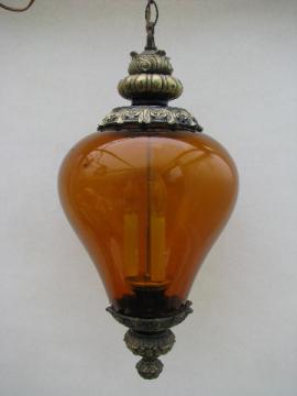 Groovy retro vintage swag lamp, amber glass light shade