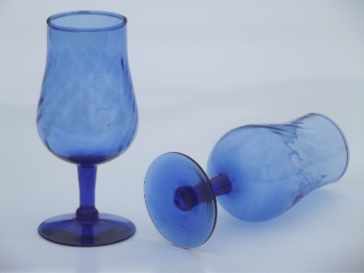 Hand blown vintage cobalt blue glass wine glasses set, 6 small goblets