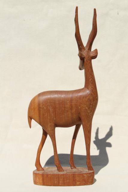hand carved natural wood antelope deer family, mother & baby, vintage African carvings