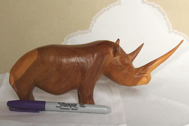 hand crafted carved wood rhino, rustic wooden animal sculpture, Indian rhinoceros