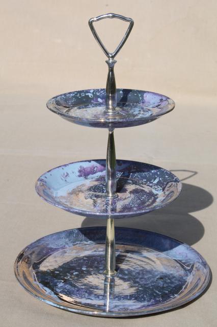 hand painted marbled iridescent skytone blue china three tier cake stand, tiered plate serving tray