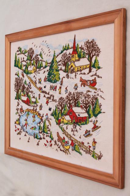 hand stitched crewel wool embroidery picture, folk art Americana winter village landscape skaters