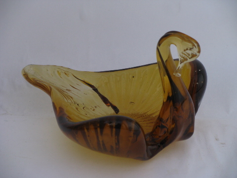 Hand-blown art glass amber color swan, retro candy dish, 60s vintage Italy