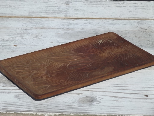Hand-carved acacia wood tray, 50s 60s vintage tray w/ tropical flowers