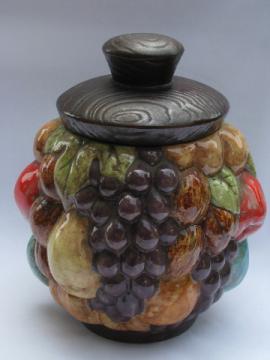 Handmade 70s vintage ceramic cookie jar, fruit harvest, nuts & grapes