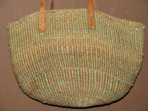 Handmade African market bag / tote, woven sisal rope w/ leather shoulder strap handles