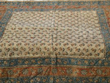 Hand-woven flax linen or hemp fabric cloth w/ ethnic block print design