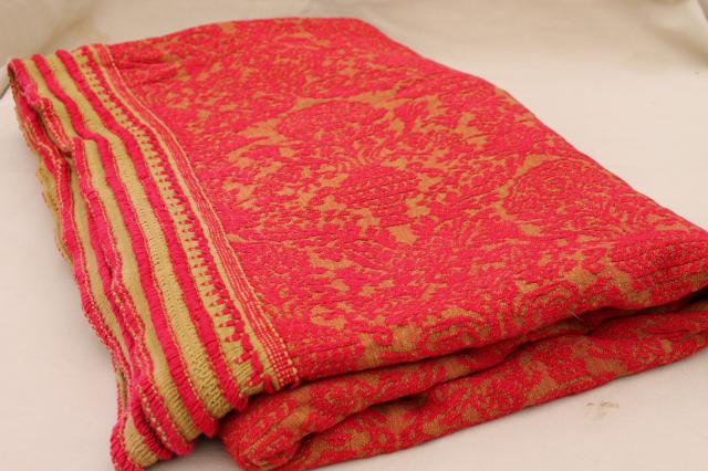 heavy fringed brocade bedspread, 60s 70s vintage coverlet olive green & red