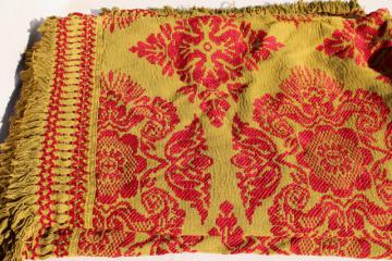 heavy fringed brocade bedspread, boho 60s 70s vintage coverlet olive green & red