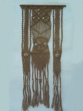 Hippie vintage macrame, retro 70s natural rope fringed wall art hanging
