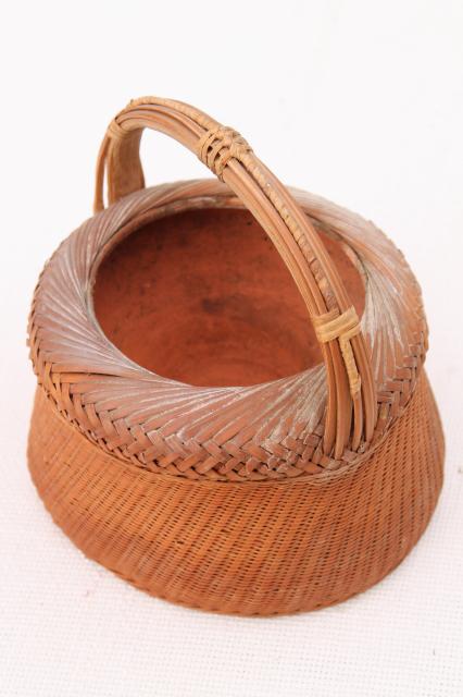hipster zen vintage planter, woven bamboo basket w/ old terracotta clay plant pot