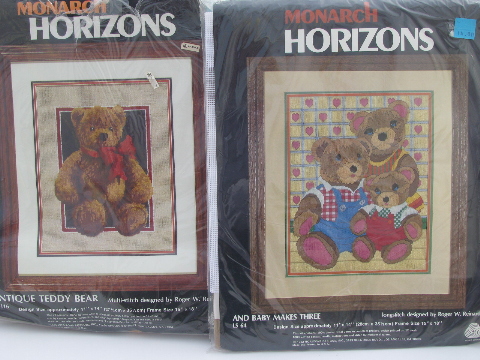 Huge lot needlework kits, teddy bears in needlepoint, cross-stitch