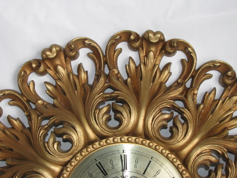 Huge ornate gold rococo plastic wall clock, vintage Syroco