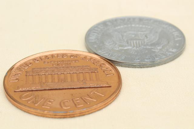 huge oversized play fun money, vintage cast metal coins 1964 half dollar & 1972 penny