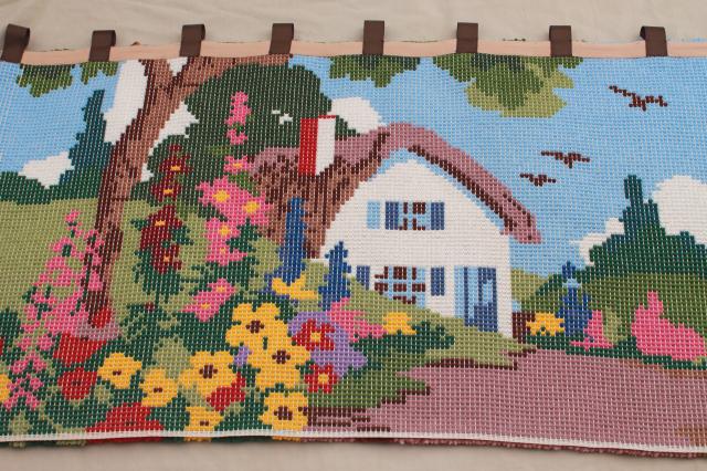huge vintage latch hook yarn shag rug wall hanging, tiny house w/ cottage garden