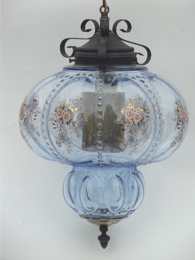 Huge vintage swag lamp hanging light w/  ice blue glass globe shade