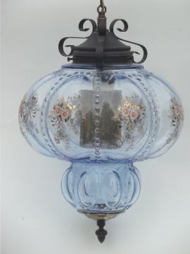 Huge vintage swag lamp hanging light w/  ice blue glass globe shade