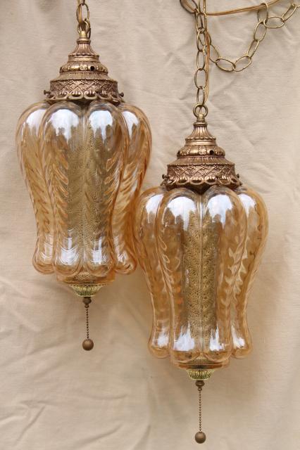 huge vintage swag lamps w/ curvy iridescent glass shades, lantern light pendants pair