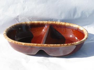 Hull mirror brown drip glaze pottery, vintage divided vegetable bowl
