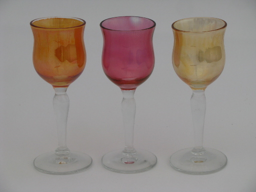 Irridescent colored luster sherry wine or cordial liqueur glasses