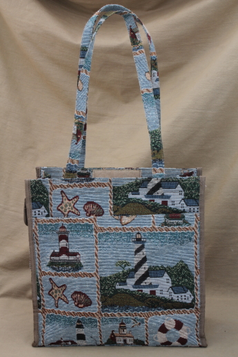 Jade tapestry bag w/ purse, nautical lighthouse ocean beach shopping bag tote