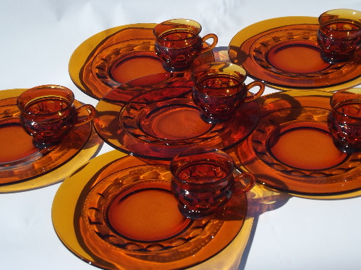 King's Crown thumbprint pattern vintage amber glass snack sets