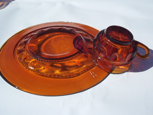King's Crown thumbprint pattern vintage amber glass snack sets
