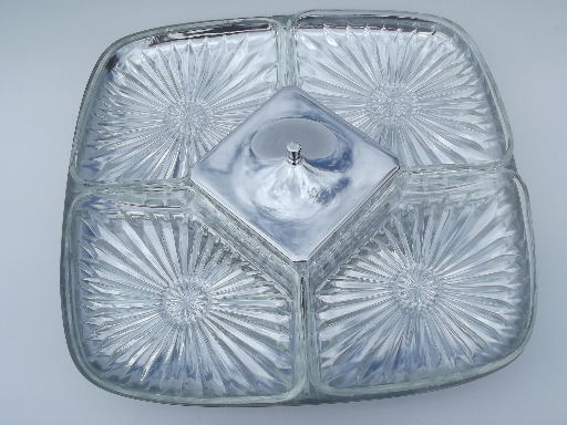 Kromex style chrome and glass lazy susan relish set, mid-century modern