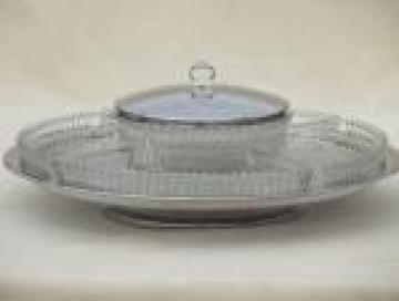 Kromex style chrome & glass lazy susan relish set, mid-century modern