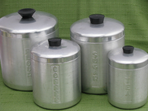 Kromex vintage spun aluminum canister jar set, vintage kitchen canisters