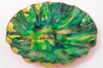 large Seetusee style vintage marbled art glass / leather bowl, 60s retro!