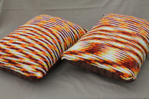 Large crocheted pillows in retro harvest colors, for daybed or 70s vintage couch